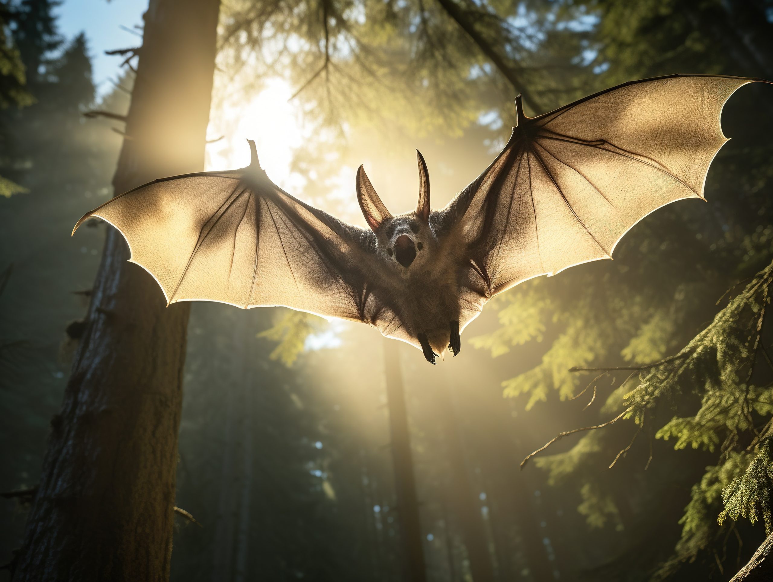 Flying Grey Long Eared Bat in Forest